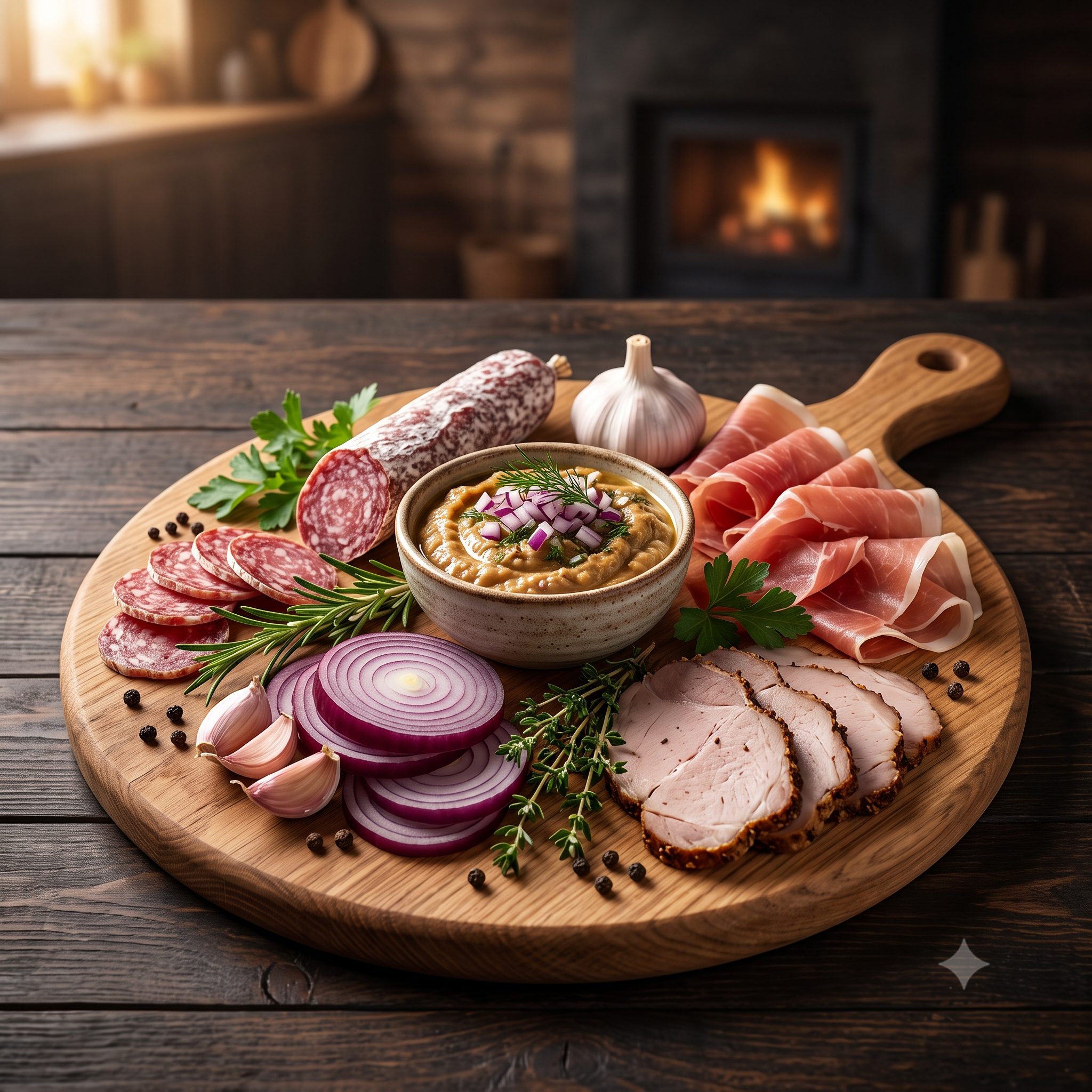 Asorti din salamuri uscate și crud-uscate (salami, prosciutto crudo, bujenină, icre de vânătă, ceapă roșie)